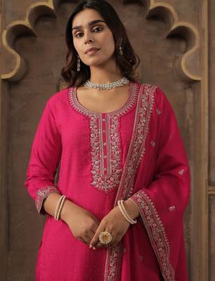 Women Ethnic Motifs Embroidered Regular Chanderi Cotton Kurta with Trousers & With Dupatta 2