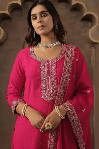 Women Ethnic Motifs Embroidered Regular Chanderi Cotton Kurta with Trousers & With Dupatta