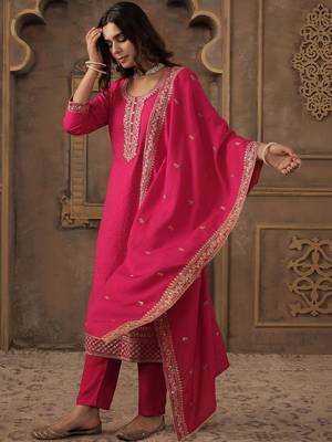 Women Ethnic Motifs Embroidered Regular Chanderi Cotton Kurta with Trousers & With Dupatta 3