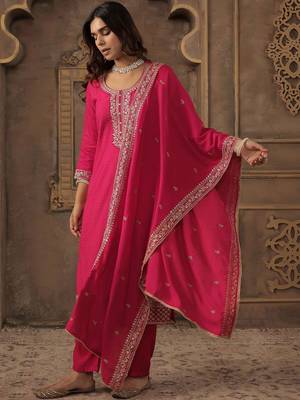 Women Ethnic Motifs Embroidered Regular Chanderi Cotton Kurta with Trousers & With Dupatta 5