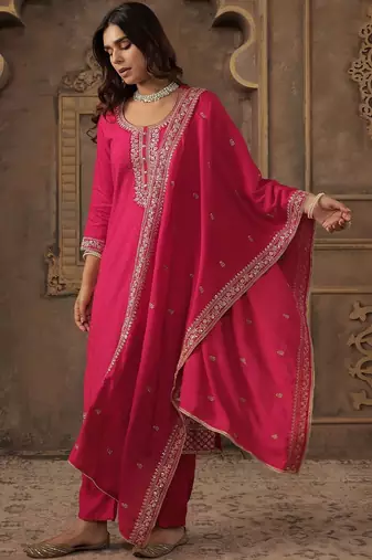 Women Ethnic Motifs Embroidered Regular Chanderi Cotton Kurta with Trousers & With Dupatta