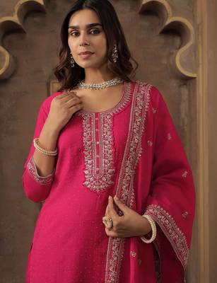 Women Ethnic Motifs Embroidered Regular Chanderi Cotton Kurta with Trousers & With Dupatta 6