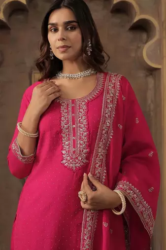 Women Ethnic Motifs Embroidered Regular Chanderi Cotton Kurta with Trousers & With Dupatta