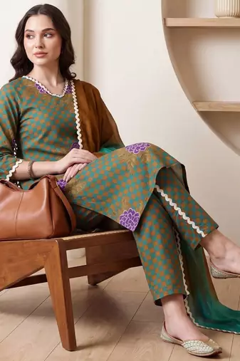 Women Ethnic Motifs Printed Regular Pure Cotton Kurta with Trousers & With Dupatta