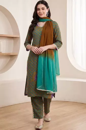 Women Ethnic Motifs Printed Regular Pure Cotton Kurta with Trousers & With Dupatta