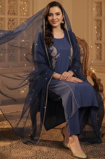 Women Paisley Embroidered Regular Sequinned Kurta with Trousers & With Dupatta