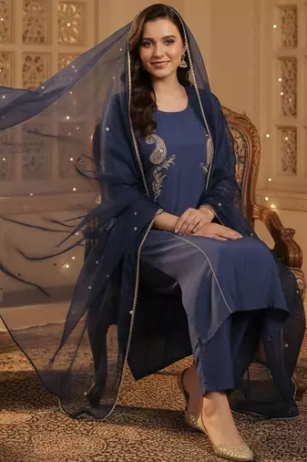 Women Paisley Embroidered Regular Sequinned Kurta with Trousers & With Dupatta