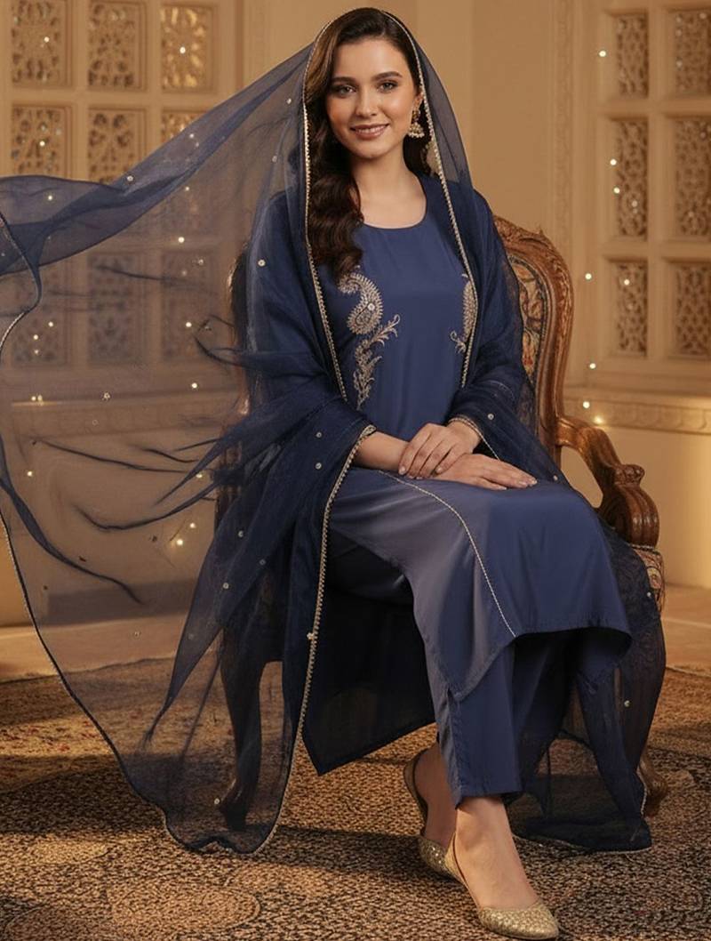 Women Paisley Embroidered Regular Sequinned Kurta with Trousers & With Dupatta