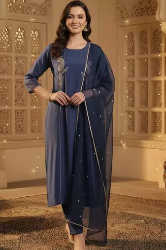 Women Paisley Embroidered Regular Sequinned Kurta with Trousers & With Dupatta