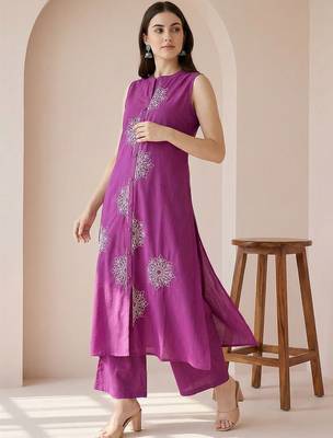 Women Ethnic Motifs Embroidered Regular Thread Work Pure Cotton Kurta with Palazzos 3