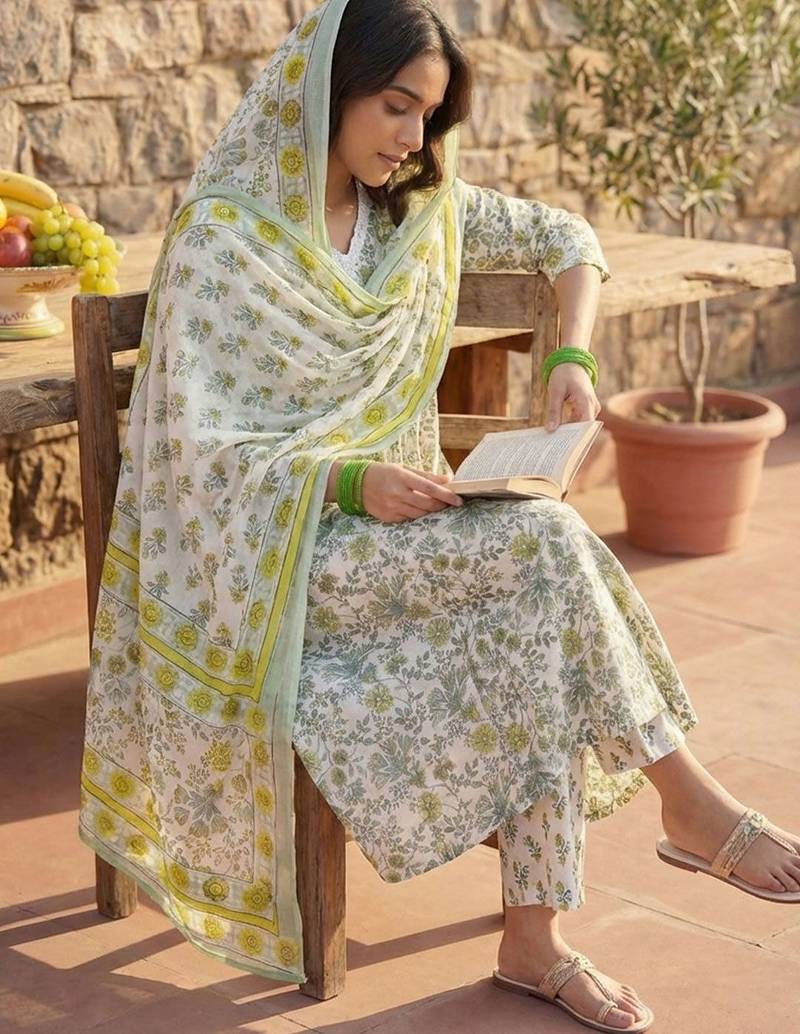 Women Floral Printed Regular Pure Cotton Kurta with Trousers & With Dupatta