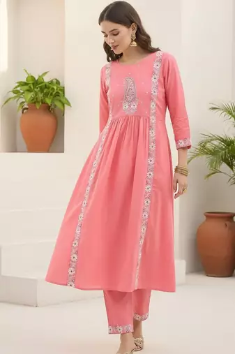 Women Ethnic Motifs Embroidered Panelled Thread Work Pure Cotton Kurta with Trousers