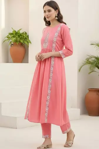 Women Ethnic Motifs Embroidered Panelled Thread Work Pure Cotton Kurta with Trousers