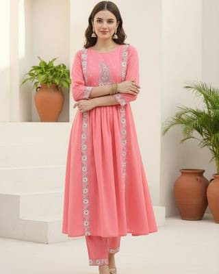 Women Ethnic Motifs Embroidered Panelled Thread Work Pure Cotton Kurta with Trousers 4