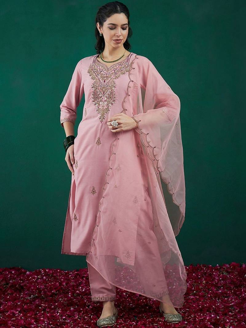 Women Ethnic Motifs Embroidered Regular Thread Work Kurta with Trousers & With Dupatta
