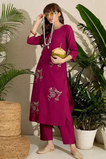 Women Embroidered Regular Pure Cotton Kurta with Trousers