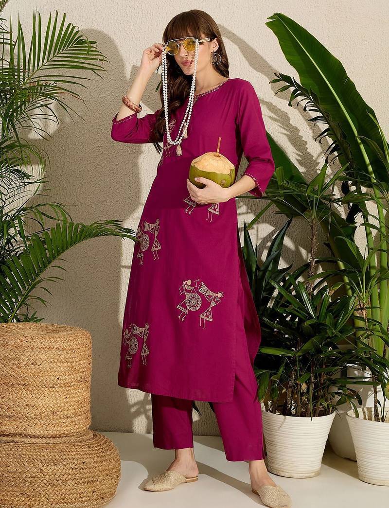 Women Embroidered Regular Pure Cotton Kurta with Trousers