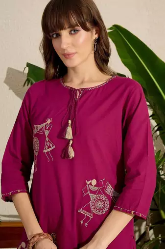 Women Embroidered Regular Pure Cotton Kurta with Trousers