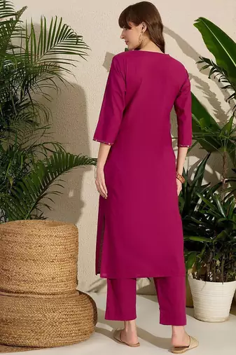 Women Embroidered Regular Pure Cotton Kurta with Trousers
