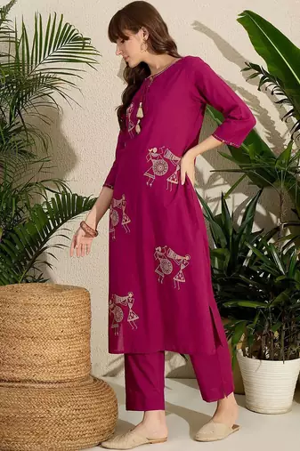 Women Embroidered Regular Pure Cotton Kurta with Trousers