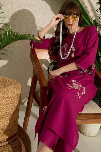 Women Embroidered Regular Pure Cotton Kurta with Trousers