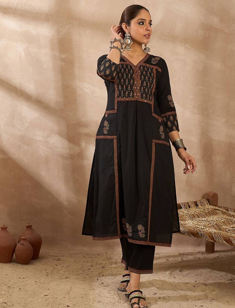 Women Ethnic Motifs Embroidered Pleated Sequinned Pure Cotton Kurta with Trousers