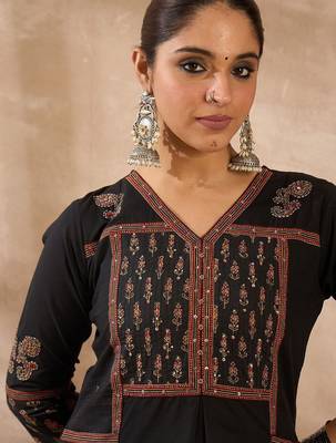 Women Ethnic Motifs Embroidered Pleated Sequinned Pure Cotton Kurta with Trousers 2