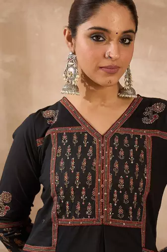 Women Ethnic Motifs Embroidered Pleated Sequinned Pure Cotton Kurta with Trousers