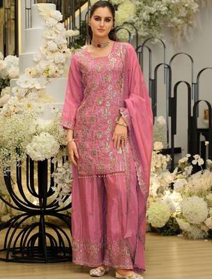 Women Ethnic Motifs Embroidered Regular Sequinned Kurta with Sharara & With Dupatta 5