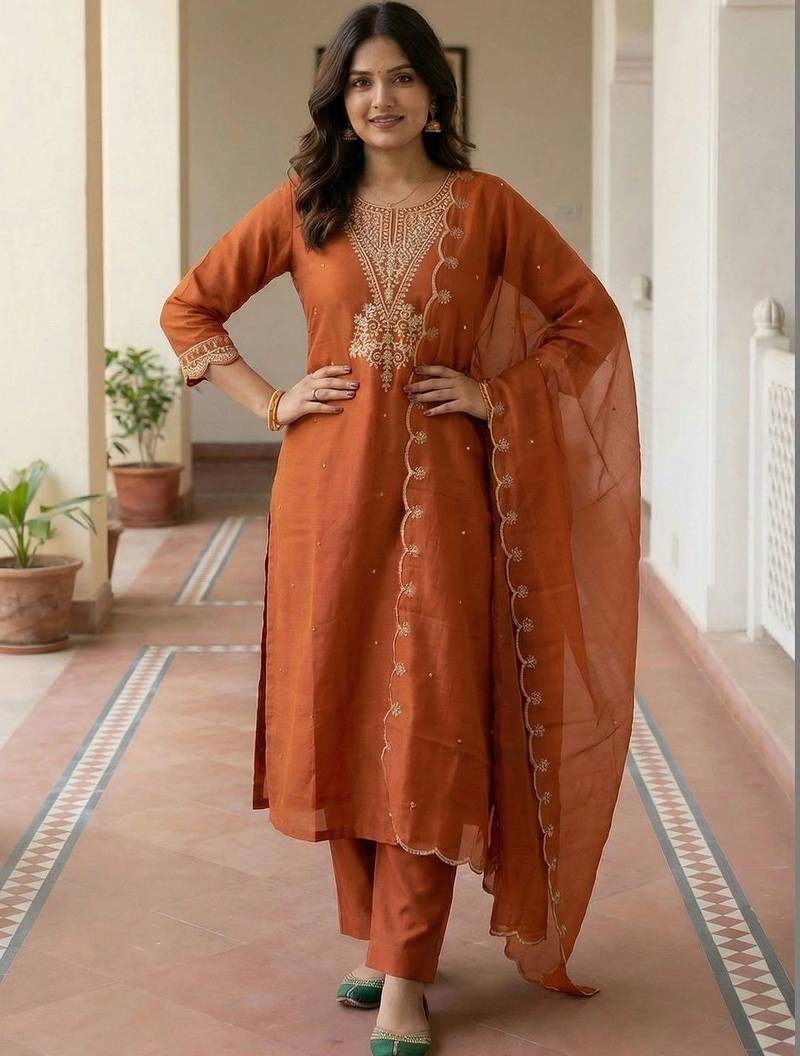 Women Ethnic Motifs Embroidered Regular Thread Work Kurta with Trousers & With Dupatta