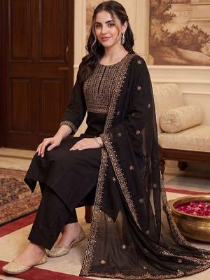 Women Ethnic Motifs Embroidered Regular Thread Work Kurta with Trousers & With Dupatta 1
