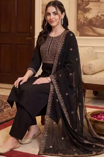 Women Ethnic Motifs Embroidered Regular Thread Work Kurta with Trousers & With Dupatta