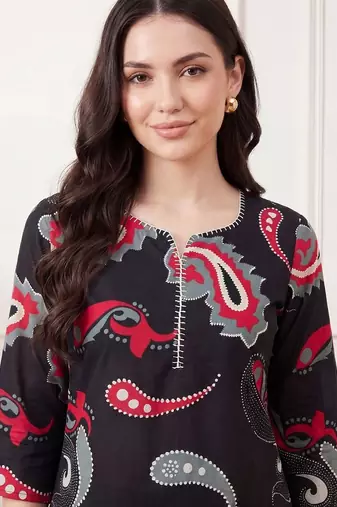Women Paisley Printed Regular Thread Work Pure Cotton Kurta with Palazzos