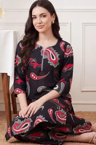 Women Paisley Printed Regular Thread Work Pure Cotton Kurta with Palazzos