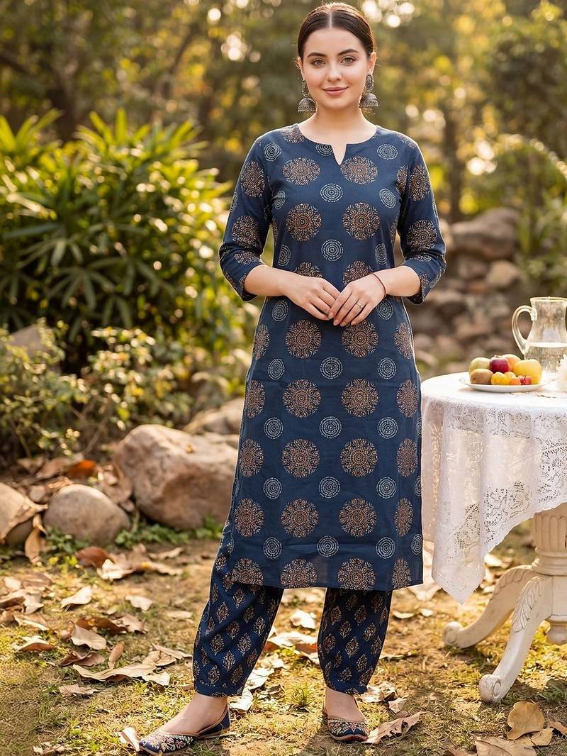 Women Ethnic Motifs Printed Regular Pure Cotton Kurta with Salwar