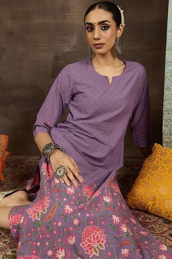 Floral Printed Notch Neck Pure Cotton Straight Kurta With Trousers