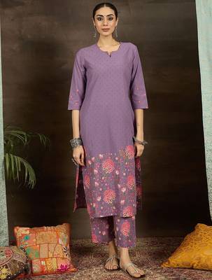 Floral Printed Notch Neck Pure Cotton Straight Kurta With Trousers 2