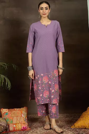 Floral Printed Notch Neck Pure Cotton Straight Kurta With Trousers