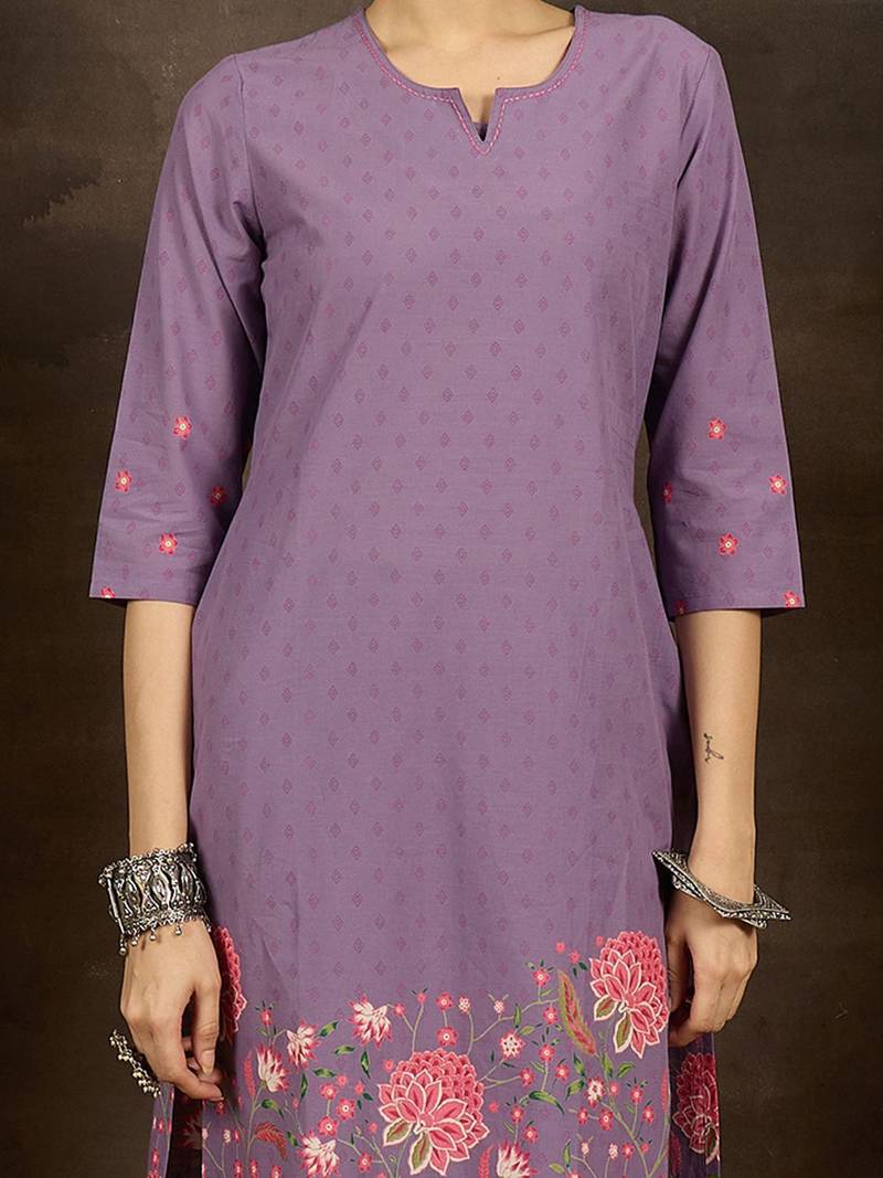 Floral Printed Notch Neck Pure Cotton Straight Kurta With Trousers