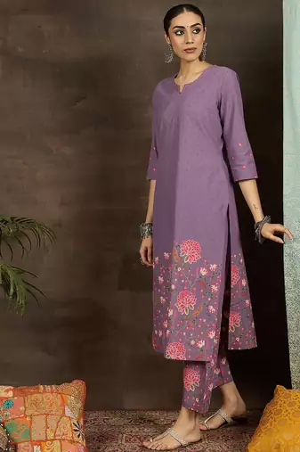 Floral Printed Notch Neck Pure Cotton Straight Kurta With Trousers