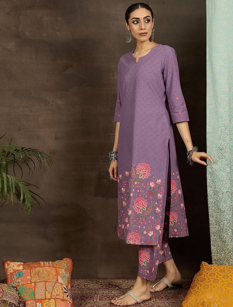 Floral Printed Notch Neck Pure Cotton Straight Kurta With Trousers