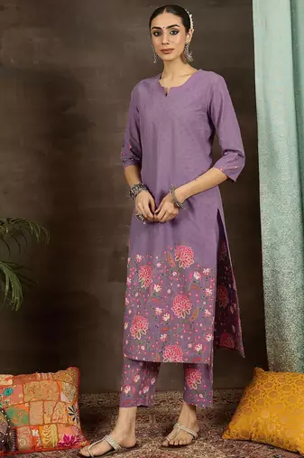 Floral Printed Notch Neck Pure Cotton Straight Kurta With Trousers