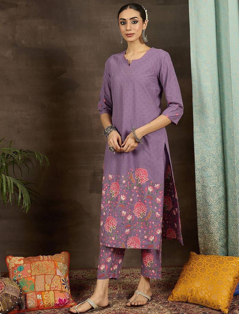 Floral Printed Notch Neck Pure Cotton Straight Kurta With Trousers