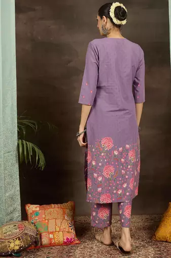 Floral Printed Notch Neck Pure Cotton Straight Kurta With Trousers