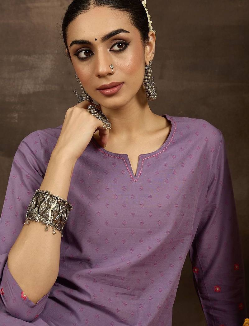 Floral Printed Notch Neck Pure Cotton Straight Kurta With Trousers