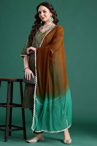 Printed Regular Beads and Stones Pure Cotton Kurta with Trousers & Dupatta