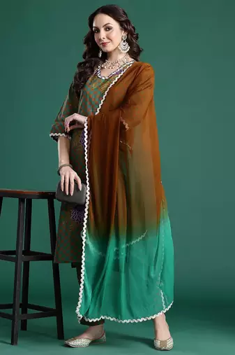 Printed Regular Beads and Stones Pure Cotton Kurta with Trousers & Dupatta