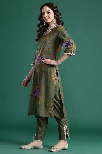 Printed Regular Beads and Stones Pure Cotton Kurta with Trousers & Dupatta
