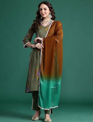 Printed Regular Beads and Stones Pure Cotton Kurta with Trousers & Dupatta 7