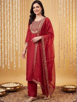 Women Ethnic Motifs Embroidered Regular Liva Kurta with Palazzos & With Dupatta 1